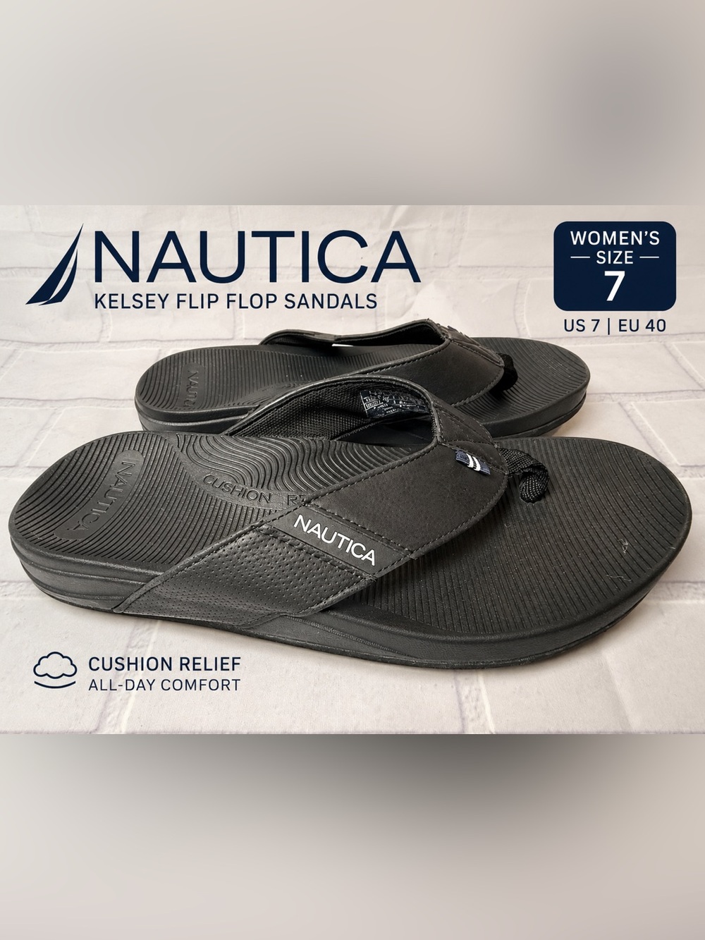 Nautica Kelsey Black Cushion Relief Flip Flop Sandals Women’s Size 7 Comfort